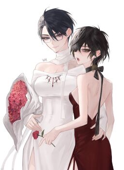 2girls absurdres arm_around_waist backless_dress backless_outfit black_bow black_hair blue_eyes bouquet bow closed_mouth commentary_request cowboy_shot dress eyepatch flower fujieda_ryo genderswap genderswap_(mtf) glasses hair_between_eyes highres holding holding_bouquet holding_flower korean_commentary kshwan181 long_sleeves looking_at_another looking_at_viewer multiple_girls off-shoulder_dress off_shoulder open_mouth red_dress red_flower red_rose rose semi-rimless_eyewear short_hair simple_background sleeveless sleeveless_dress slow_damage smile towa_(slow_damage) white_background white_dress