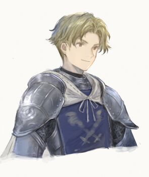 1boy armor blonde_hair blue_tabard brown_eyes chainmail closed_mouth commentary_request crick_(octopath_traveler) cropped_arms cropped_torso curtained_hair fujie_xy highres knight looking_ahead male_focus octopath_traveler octopath_traveler_ii parted_bangs pauldrons shoulder_armor simple_background smile solo tabard white_background