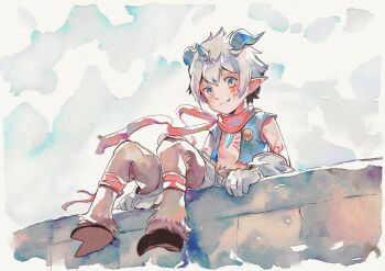 1boy absurdres aegiomon animal_legs black_vest body_markings brown_fur chest_jewel digimon digimon_(creature) digimon_story:_time_stranger facial_mark goat_boy grey_hair highres hooves horns kdoodlecat pointy_ears red_scarf scarf sitting solo vest