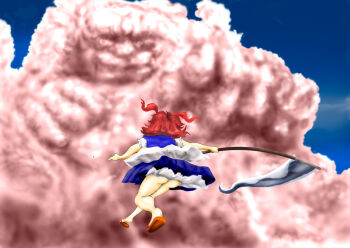 1boy 1girl ass cloud commentary_request from_behind holding holding_scythe kams no_panties okobo onozuka_komachi platform_sandals red_hair sandals scythe short_hair touhou twintails unzan