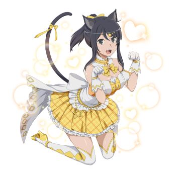 1girl :d anakity_autumn animal_ear_fluff animal_ears anime_coloring bare_shoulders black_eyes black_hair bow bowtie breasts cat_ears cat_girl cat_tail cleavage danmachi_memoria_freese detached_sleeves dress dungeon_ni_deai_wo_motomeru_no_wa_machigatteiru_darou_ka frilled_dress frills full_body gloves hair_bow hair_ornament hairclip hands_up high_heels idol idol_clothes long_sidelocks looking_at_viewer medium_breasts official_alternate_costume official_art open_mouth paw_pose plaid_clothes plaid_dress ponytail puffy_detached_sleeves puffy_sleeves short_hair sidelocks sleeveless sleeveless_dress smile solo star_(symbol) strapless strapless_dress tail tail_bow tail_ornament thighhighs third-party_source two-tone_dress white_dress white_gloves white_thighhighs yellow_bow yellow_bowtie yellow_dress