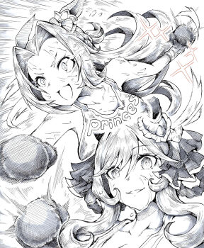 Rule 34 | 2girls, :d, animal ears, ball, breasts, commentary, garyuu ryuuga, gentildonna (umamusume), greyscale, hair intakes, hair ribbon, highres, holding, holding ball, horse ears, horse girl, kawakami princess (umamusume), large breasts, long hair, monochrome, multiple girls, open mouth, ribbon, smile, sweat, throwing, umamusume, untranslatable commentary