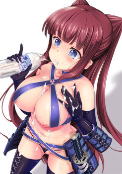 1girl alternate_hairstyle armor bare_shoulders black_gloves black_panties black_thighhighs blue_eyes blunt_bangs blush bottle breasts cosplay criss-cross_halter cum cum_bubble cum_in_container cum_in_mouth cum_on_body cum_on_breasts cum_on_upper_body dungeon_travelers_2 elbow_gloves female_focus gloves gokkun halterneck highres japanese_armor katana kishimen_(kishimen_tw) kousaka_tamaki kousaka_tamaki_(cosplay) kusazuri large_breasts long_hair micro_panties mole mole_on_breast new_game! nipples panties parted_lips purple_hair shoulder_armor sidelocks sode solo sword takimoto_hifumi thighhighs two_side_up underwear very_long_hair weapon white_background