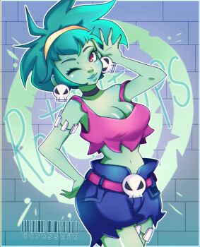 1girl absurdres belt blue_background blue_shorts breasts choker cleavage collarbone colored_skin cresscin denim denim_shorts earrings green_hair green_skin hairband hand_on_own_hip highres jewelry large_breasts looking_at_viewer midriff navel off_shoulder one_eye_closed purple_belt purple_shirt red_eyes rottytops shantae_(series) shirt short_hair shorts skull skull_belt skull_earrings smile standing stitches tank_top torn_clothes torn_shorts wayforward wink zombie