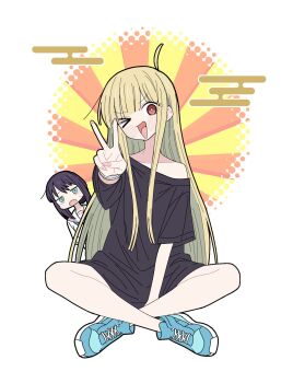 Rule 34 | > o, 2girls, ahoge, black shirt, blonde hair, blue shoes, bright pupils, brown eyes, cho kaguya-hime!, commentary request, crossed ankles, full body, highres, kaguya (cho kaguya-hime!), long hair, looking at viewer, multiple girls, one eye closed, open mouth, peeking out, purple hair, sabi1234, sakayori iroha, shirt, shoes, short hair, single off shoulder, sitting, smile, sneakers, solo focus, t-shirt, v, white pupils