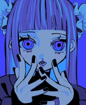 1girl bad_id bad_twitter_id bandaid bandaid_on_hand black_nails blood blue_background blunt_bangs bun_cover double_bun hair_bun hands_up highres image_sample long_hair looking_at_viewer nail_polish nosebleed open_mouth original portrait purple_blood purple_eyes purple_hair ringed_eyes solo straight-on straight_hair twitter_sample urokogaran