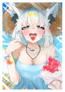 absurdres alternate_costume animal_ears blue_dress blue_eyes blue_sky blurry blush border breasts commentary_request crossed_bangs depth_of_field dress extra_ears food fox_ears hand_up hat highres holding holding_spoon hololive incoming_food jewelry large_breasts long_hair looking_at_viewer necklace off-shoulder_dress off_shoulder open_mouth payano_i pov shaved_ice shirakami_fubuki sky spoon straw_hat sweat tongue tongue_out twitter_username virtual_youtuber white_border white_hair