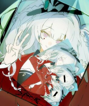 1girl bar_censor black_bow black_bowtie black_hat bow bowtie censored closed_mouth english_text hair_between_eyes hat heart heart-shaped_pupils highres honkai:_star_rail honkai_(series) id_tsuru looking_at_viewer picture_frame smile sparkle_(honkai:_star_rail) sparxie_(honkai:_star_rail) symbol-shaped_pupils teeth top_hat twintails v white_hair