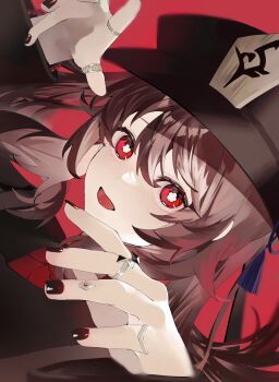 1girl black_nails brown_hair chinese_clothes flower-shaped_pupils genshin_impact hat hat_ornament highres hu_tao_(genshin_impact) jewelry long_sleeves looking_at_viewer open_mouth porkpie_hat red_eyes red_shirt ring shirt sidelocks simple_background symbol-shaped_pupils yukiusagi_(snowrabbit0508)