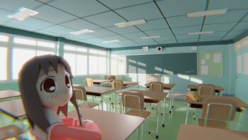 1girl 3d :o azumanga_daioh&#039;s_school_uniform azumanga_daiou blender_(medium) blush brown_eyes brown_hair bulletin_board ceiling ceiling_light chair chalkboard chromatic_aberration classroom clock commentary desk english_commentary fisheye highres indoors kasuga_ayumu looking_at_viewer low_poly mihama_chiyo&#039;s_father pink_serafuku sailor_collar school school_chair school_desk school_uniform serafuku solo_focus sticky_note tds_700 tile_ceiling tiles white_sailor_collar window