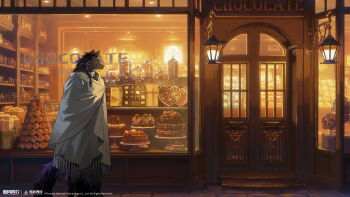 1boy abisi_(xinyue_tongxing) absurdres black_fur box box_of_chocolates cake chocolate chocolate_cake copyright_name copyright_notice door extra_tails feet_out_of_frame food furry furry_male grey_robe highres jar logo male_focus official_art official_wallpaper profile robe shop wall_lamp wolf_boy xinyue_tongxing yellow_eyes yellow_light