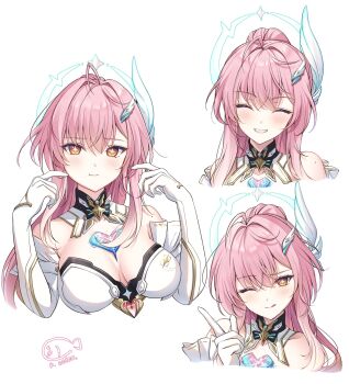 Rule 34 | 1girl, ;q, aemeath (wuthering waves), ahoge, artist logo, bare shoulders, blush, breasts, cleavage, closed eyes, closed mouth, commentary request, elbow gloves, finger gun, gloves, hair ornament, hand up, highres, kiri celea, large breasts, logo, long hair, looking at viewer, mole, mole on shoulder, multiple views, one eye closed, orange eyes, pink hair, ponytail, smile, star-shaped pupils, star (symbol), symbol-shaped pupils, tongue, tongue out, white gloves, wuthering waves