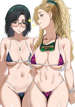 2girls absurdres alma_(monster_hunter_wilds) bandana bikini black-framed_eyewear black_hair blonde_hair blue_eyes blush braid breast_envy breasts brown_eyes female_pubic_hair gemma_(monster_hunter_wilds) glasses goggles goggles_around_neck green_bandana hews high_ponytail highleg highleg_bikini highres large_breasts leopard_print leopard_print_bikini long_hair looking_at_another looking_at_breasts medium_hair meme micro_bikini mom_and_her_daughter_(meme) monster_hunter_(series) monster_hunter_wilds multiple_girls navel parted_lips ponytail print_bikini pubic_hair pubic_hair_peek shirt side_braid sideboob simple_background sketch sparkle stomach swimsuit underboob very_long_hair white_background