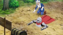 1boy 1girl alvin_(kono_healer_mendokusai) animated anime_screenshot audible_speech blue_eyes cape dark-skinned_female dark_elf dark_skin elf english_audio karla_(kono_healer_mendokusai) knight kono_healer_mendokusai pointy_ears sound stuck tagme video white_hair