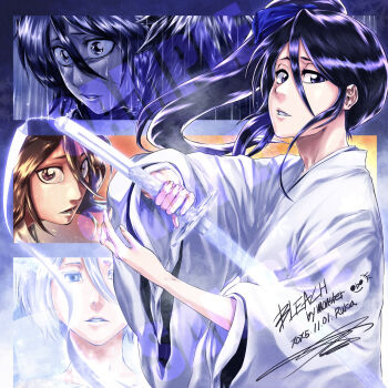 Rule 34 | black hair, bleach, bleach: epilogue, bleach: sennen kessen-hen, blue eyes, commentary, dated, english commentary, hair between eyes, hakka no togame (bankai), haori, holding, holding sword, holding weapon, japanese clothes, kuchiki rukia, long hair, monster art (rlawnsgr7), multiple persona, official alternate hair length, official alternate hairstyle, procreate (medium), purple eyes, purple hair, sample watermark, side ponytail, signature, sode no shirayuki (shikai), sword, taichou haori, watermark, weapon, white hair, white haori, wide sleeves