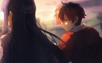 Rule 34 | 1boy, 1girl, arc pic, artist name, blurry, blurry background, commentary request, depth of field, dress, dusk, fern (sousou no frieren), from behind, hair ornament, highres, jacket, long hair, looking at another, multicolored hair, outdoors, profile, purple dress, purple hair, red hair, red jacket, roots (hair), sousou no frieren, stark (sousou no frieren)