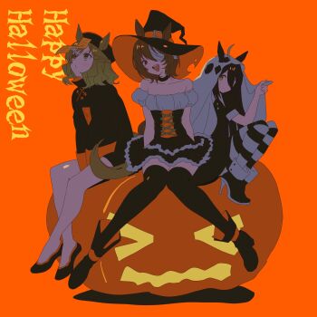 &gt;_&lt; 3girls agnes_tachyon_(umamusume) ahoge alternate_costume animal_ears bandage_over_one_eye bare_legs bare_shoulders belt belt_buckle betti_(xx_betti) black_boots black_choker black_corset black_dress black_hair black_hat black_pantyhose black_shoes black_skirt black_thighhighs blonde_hair boots braid brown_hair buckle choker closed_mouth collarbone collared_dress corset cross-laced_clothes cross-laced_corset crossed_ankles dress ears_through_headwear expressionless fingernails flats frilled_skirt frills full_body ghost_costume hair_between_eyes half_up_braid halloween halloween_costume happy happy_halloween hat hat_belt high_collar high_heel_boots high_heels highres horse_ears horse_girl horse_tail jack-o&#039;-lantern jam_(umamusume) jiangshi_costume jungle_pocket_(umamusume) knees_together_feet_apart light_blush long_hair long_hair_between_eyes long_sleeves looking_at_viewer manhattan_cafe_(umamusume) medium_hair miniskirt multiple_girls off-shoulder_shirt off_shoulder ofuda ofuda_on_head open_mouth orange_background orange_belt orange_hat pantyhose puffy_short_sleeves puffy_sleeves qingdai_guanmao red_eyes shadow sheet_ghost shirt shoes short_dress short_hair short_sleeves simple_background sitting skirt sleeve_cuffs smile stiletto_heels straight_hair striped_clothes striped_pantyhose tail teeth thighhighs torn_clothes torn_hat two-sided_fabric two-sided_footwear two-sided_headwear two-tone_pantyhose umamusume upper_teeth_only very_long_hair wavy_hair white_pantyhose white_shirt witch witch_hat yellow_eyes