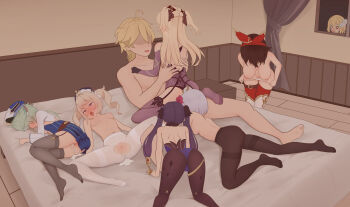 1boy 6+girls aether_(genshin_impact) after_vaginal aftersex amber_(genshin_impact) barbara_(genshin_impact) bed bedroom black_pantyhose blonde_hair blood blush clothed_female_nude_male completely_nude cum cum_in_pussy cumdrip faceless faceless_male fischl_(genshin_impact) genshin_impact girl_on_top green_hair group_sex harem hetero highres indoors kn53 long_hair lumine_(genshin_impact) lying mona_(genshin_impact) multiple_girls noelle_(genshin_impact) nosebleed nude on_back on_bed on_side open_mouth pantyhose purple_hair sex spread_legs sucrose_(genshin_impact) tongue tongue_out topless_female torn_clothes torn_pantyhose undressing vaginal watching white_pantyhose window