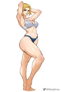 1girl abs absurdres armpits blonde_hair blue_eyes blue_lips breasts emma_frost genjiruu highres large_breasts looking_at_viewer makeup marvel marvel_rivals navel panties short_hair solo underwear x-men