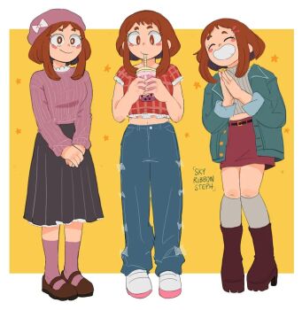 1girl alternate_costume artist_name belt black_belt black_skirt blue_pants blush blush_stickers boku_no_hero_academia boots bow bright_pupils brown_boots brown_eyes brown_hair brown_shoes closed_eyes closed_mouth commentary cup disposable_cup drink drinking drinking_straw english_commentary eyelashes green_jacket grey_socks grey_sweater grin hair_ornament hairclip hat hat_bow high_heel_boots high_heels holding holding_cup holding_drink jacket kneehighs long_sleeves midriff multiple_views navel open_clothes open_jacket own_hands_together pants pink_hair pink_socks pink_sweater plaid_clothes plaid_shirt red_shirt red_skirt shirt shoes short_hair sidelocks skirt skyribbonsteph smile socks standing star_(symbol) sweater teeth uraraka_ochako white_bow white_pupils