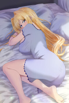 1girl absurdres alice_zuberg alternate_breast_size_(larger) ass barefoot blonde_hair blue_eyes breasts chinese_commentary commentary commentary_request covered_erect_nipples english_commentary full_body hair_intakes highres huge_breasts impossible_clothes impossible_nightgown indoors long_hair looking_at_viewer lying messy_hair mixed-language_commentary nightgown on_bed on_side paid_reward_available short_sleeves sidelocks sigure_yusyo solo sword_art_online sword_art_online:_alicization white_nightgown