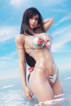 1girl 3d alternate_costume arm_behind_head bare_arms bare_shoulders bikini black_hair blue_sky breasts cleavage closed_mouth cloud cloudy_sky cowboy_shot day earrings final_fantasy final_fantasy_vii final_fantasy_vii_remake floral_print floral_print_bikini hair_ribbon hand_up highres horizon in_water jewelry large_breasts light_smile long_hair looking_at_viewer low-tied_long_hair navel ocean outdoors patreon_username pink_ribbon print_bikini red_eyes red_lips ria-neearts ribbon single_earring sky solo square_enix stomach summer swept_bangs swimsuit teardrop_earring tifa_lockhart toned toned_female water