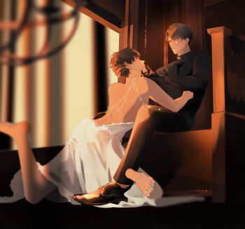 2boys absurdres barefoot black_gloves black_hair black_shirt clothing_request from_below gloves grabbing_another&#039;s_chin hand_on_another&#039;s_chin hand_on_another&#039;s_face hand_on_another&#039;s_neck highres kim_dokja kneeling looking_at_another male_focus multiple_boys omniscient_reader&#039;s_viewpoint secretive_plotter shirt short_hair sidelighting yaoi yiyuehua yoo_joonghyuk