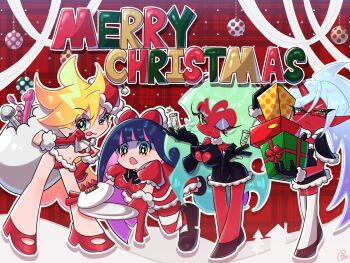 4girls bikini blonde_hair blue_eyes blue_hair blunt_bangs bow breasts christmas colored_inner_hair colored_skin commentary_request demon_girl demon_horns dildo dress drink earrings english_text fang flipped_bangs gift glasses gothic_lolita green_eyes green_hair hair_bow highres holding holding_sack horns jewelry kneesocks_(psg) large_breasts legs lolita_fashion long_hair looking_at_viewer medium_breasts merry_christmas midriff multicolored_hair multiple_girls navel omuraisu_0817 panty_&amp;_stocking_with_garterbelt panty_(psg) pink_hair pointy_ears ponytail purple_hair red_skin sack santa_bikini santa_costume scanty_(psg) sex_toy siblings single_horn sisters skirt smile stocking_(psg) striped_clothes striped_leggings striped_thighhighs swimsuit thighhighs thighs two-tone_hair underwear