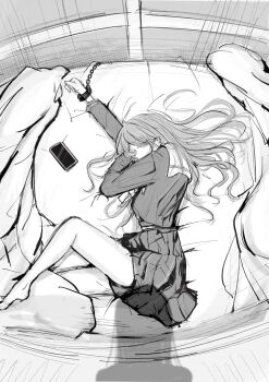 2girls absurdres bang_dream! bang_dream!_it's_mygo!!!!! barefoot bdsm bed cellphone chihaya_anon chinese_commentary commentary_request cuffs funame111 handcuffs highres long_hair long_sleeves looking_at_viewer multiple_girls nagasaki_soyo out_of_frame phone pleated_skirt school_uniform shadow skirt smartphone solo_focus tsukinomori_school_uniform yuri