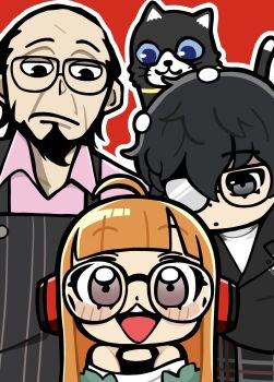 1girl 2boys ahoge amamiya_ren apron beard bkub black-framed_eyewear black_apron black_cat black_eyes black_hair black_jacket black_pants black_tank_top blazer blue_eyes blunt_bangs blush_stickers brown_eyes cat closed_mouth collared_shirt facial_hair frown glasses green_jacket hair_between_eyes headphones highres jacket long_hair morgana_(cat)_(persona_5) morgana_(persona_5) multiple_boys off-shoulder_shirt off_shoulder opaque_glasses open_mouth orange_hair outline pants partially_opaque_glasses persona persona_5 pink_shirt plaid_clothes plaid_pants red_background sakura_futaba sakura_soujirou school_uniform shirt short_hair shuujin_academy_school_uniform simple_background smile striped_apron striped_clothes tank_top teeth tuxedo_cat upper_teeth_only vertical-striped_apron vertical-striped_clothes white_outline white_shirt