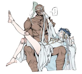 ... 1boy 1girl armor barefoot commentary_request doll_joints dress elden_ring elden_ring_nightreign executor_(elden_ring) feet flower_wreath full_armor grey_dress grey_hair head_wreath helmet joints leg_up legs long_hair lying_on_lap papamilk revenant_(elden_ring) simple_background sitting spoken_ellipsis very_long_hair white_background