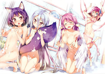 10s 4girls :3 :d absurdres animal_ear_fluff animal_ears bare_shoulders barefoot bathing bathroom blue_eyes blush breasts censored chestnut_mouth closed_eyes collarbone colored_eyelashes convenient_censoring drooling embarrassed feet flat_chest flower fox_ears fox_tail gradient_hair hair_flower hair_ornament hatsuse_izuna highres holding_another&#039;s_tail hugging_another&#039;s_tail hugging_tail indoors jibril_(no_game_no_life) kantoku kneeling large_breasts loli long_hair low_wings multicolored_hair multiple_girls navel no_game_no_life non-web_source nude one_eye_closed open_mouth purple_hair red_eyes red_hair scan sexually_suggestive shiro_(no_game_no_life) silver_hair smile soap_bubbles soap_censor stephanie_dora suggestive_fluid tail tattoo tentacles toes very_long_hair white_wings wings