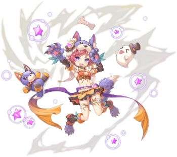 1girl animal_hands animal_hat arm_up armpits artist_request bone breasts fang full_body game_cg ghost hat highres legend_clover miniskirt navel official_alternate_costume official_art pink_hair pumpkin purple_eyes short_hair skirt star_(symbol) stuffed_animal stuffed_toy tail third-party_source thor_(legend_clover) transparent_background