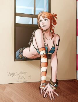 1girl alternate_costume arm_support bangle bare_shoulders belt bikini bikini_top_only birthday bracelet breasts brown_eyes cleavage collarbone commentary_request dated denim elbow_gloves fingerless_gloves food fruit gloves gold_bangle green_bikini hair_up happy_birthday highres jeans jewelry large_breasts leaning_forward log_pose looking_to_the_side mandarin_orange nami_(one_piece) one_piece orange_hair pants parted_lips sensationalnico shoulder_tattoo sidelocks single_glove solo stomach striped_clothes striped_gloves swimsuit tattoo twitter_username upper_body wavy_hair window