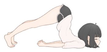 1girl 1ssakawaguchi absurdres ahoge bare_legs barefoot black_hair black_shorts bob_cut closed_eyes dolphin_shorts feet from_side highres ichika_(1ssakawaguchi) interlocked_fingers legs light_blush original own_hands_together profile shirt short_hair short_shorts short_sleeves shorts simple_background solo stretching t-shirt toes top-down_bottom-up white_background white_shirt