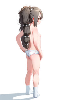 1girl absurdres adjusting_clothes adjusting_panties ass black_hair blush female_focus full_body hair_ornament highres loli looking_at_another mr1thonk nipples original panties polka_dot polka_dot_panties print_panties red_eyes socks solo standing thighs topless_female twintails underwear