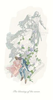 Rule 34 | 1boy, 1girl, blue jacket, blue pants, blue vest, breasts, brown hair, brown shoes, chaoxibumian, cleavage, collared shirt, couple, dress, english text, from above, full body, hair bun, head wreath, hetero, highres, hood, hood up, imminent kiss, jacket, long dress, long hair, love and deepspace, medium breasts, official alternate costume, pants, pink dress, pink shoes, protagonist (love and deepspace), puffy short sleeves, puffy sleeves, purple hair, rafayel (love and deepspace), shirt, shoes, short hair, short sleeves, sitting, statue, updo, vest, waistcoat, white shirt