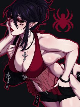 1girl arthropod_girl black_background black_hair black_sclera blanca_(succuboos) bracelet breasts cleavage colored_sclera cross cross_necklace earrings extra_arms extra_eyes highres insect_girl jewelry medium_breasts necklace original outline pointy_ears red_eyes red_nails red_outline spider_girl succuboos
