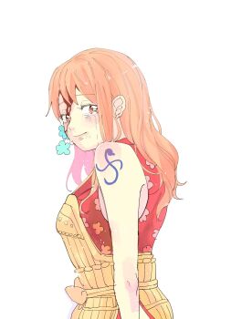 Rule 34 | 1girl, armor, bare shoulders, blood, blood from forehead, bruise, bruise on face, closed mouth, commentary request, crying, crying with eyes open, floral print, floral print kimono, from side, hair ornament, highres, injury, japanese armor, japanese clothes, kimono, long hair, looking at viewer, nami (one piece), official alternate costume, one piece, orange hair, print kimono, red kimono, seeu 0521, shoulder tattoo, sleeveless, sleeveless kimono, solo, tattoo, tears, upper body, wavy hair, white background