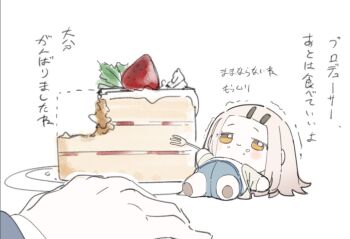 1boy 1girl blonde_hair cake commentary_request dotted_line food food_on_face fork fruit full_stomach gakuen_idolmaster idolmaster lying meeeeeeco359 motion_lines on_back orange_eyes out_of_frame plate sentient_stuffed_toy shinosawa_hiro smile solo_focus strawberry translation_request