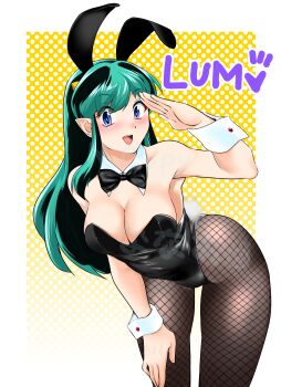 1girl absurdres animal_ear_hairband animal_ears aqua_hair ben-day_dots black_bow black_bowtie black_hair black_leotard black_pantyhose blue_eyes bow bowtie breasts character_name cleavage cone_horns detached_collar fake_animal_ears fishnet_pantyhose fishnets hairband hand_on_own_thigh highres horns large_breasts leotard long_hair looking_at_viewer lum multicolored_hair nanao_futaba pantyhose playboy_bunny pointy_ears rabbit_ears rabbit_tail salute screentones smile solo strapless strapless_leotard tail two-tone_hair urusei_yatsura watermark wrist_cuffs yellow_background