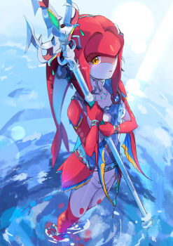 1girl absurdres breasts colored_skin commentary_request fins fish_girl hair_ornament highres holding holding_polearm holding_weapon jewelry long_hair looking_at_viewer medium_breasts mipha monster_girl multicolored_skin nintendo no_eyebrows pointy_ears polearm red_hair red_skin smile solo the_legend_of_zelda the_legend_of_zelda:_breath_of_the_wild trident tuki_0427 twitter_username weapon yellow_eyes zora