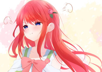 1girl :t bare_shoulders blue_eyes blush bow closed_mouth collarbone dress floating_hair flower hair_flower hair_ornament highres long_hair pink_bow pout puff_of_air rain_re_a re:zero_kara_hajimeru_isekai_seikatsu red_hair solo theresia_van_astrea upper_body v-shaped_eyebrows