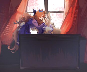Rule 34 | 2girls, absurdres, animal ears, blush, bow, bowtie, breasts, brown hair, calamity brezze, chair, closed eyes, commission, curtains, desk, ear bow, hair between eyes, hand on another's cheek, hand on another's face, highres, holding, holding paper, horse ears, horse girl, horse tail, large breasts, long hair, long sleeves, looking at another, maruzensky (umamusume), multicolored hair, multiple girls, paper, parted lips, pleated skirt, purple eyes, purple sailor collar, purple serafuku, purple shirt, purple skirt, sailor collar, sailor shirt, school uniform, serafuku, shirt, sitting, skirt, smile, streaked hair, symboli rudolf (umamusume), tail, tracen school uniform, umamusume, white bow, white bowtie, white hair, yuri