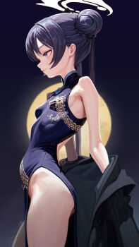 1girl armpits black_coat black_dress black_hair blue_archive blue_eyes blush braid braided_bun breasts china_dress chinese_clothes coat coat_partially_removed commentary dragon_print dress full_moon hair_bun halo highres kisaki_(blue_archive) long_hair moon pelvic_curtain pinstripe_pattern profile signature sleeveless sleeveless_dress small_breasts smile solo sui_yamami thighs twintails very_long_hair