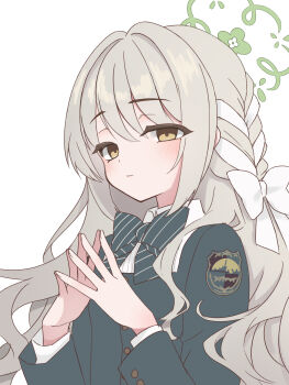 Rule 34 | 1girl, blazer, blonde hair, blue archive, blush, bow, bowtie, braid, choppy bangs, closed mouth, collared shirt, diagonal-striped bow, diagonal-striped bowtie, diagonal-striped clothes, flower halo, green bow, green bowtie, green halo, hair bow, hair intakes, hair ribbon, halo, highres, hncstk, jacket, long hair, looking at viewer, miyo (blue archive), own hands together, raised eyebrows, ribbon, ribbon braid, shirt, sidelocks, simple background, solo, striped bow, striped bowtie, striped clothes, white background, white bow, white shirt, wild hunt academy of arts logo, yellow eyes