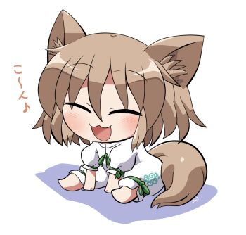 1girl :3 :d animal_ear_fluff animal_ears barefoot blush brown_hair chibi chibi_only closed_eyes commentary_request fox_ears fox_girl fox_tail full_body green_ribbon ko~n kudamaki_tsukasa musical_note open_mouth ribbon rokugou_daisuke romper short_hair short_sleeves signature simple_background sitting sleeve_ribbon smile solo tail touhou white_background white_romper