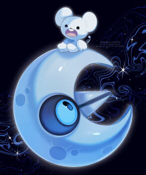 Rule 34 | alternate color, alternate shiny pokemon, black eyes, blue eyes, blue sclera, colored sclera, full body, gen 3 pokemon, highres, iwasi 29, lunatone, mouse (animal), nintendo, no humans, on head, open mouth, pokemon, pokemon (creature), pokemon focus, pokemon on head, shiny pokemon, solid circle eyes, solid oval eyes, tandemaus, teeth