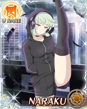 Rule 34 | 1girl, black choker, black feathers, black hoodie, black shorts, black thighhighs, bob cut, border, breasts, card (medium), character name, choker, cityscape, closed mouth, cloud, cloudy sky, day, dot mouth, falling feathers, feathers, game cg, green hair, hands in pockets, headphones, high kick, hood, hood up, hoodie, kicking, large breasts, medium hair, naraku (senran kagura), official art, pink eyes, senran kagura, senran kagura new wave, shorts, sky, solo, standing, standing on one leg, thighhighs, third-party source