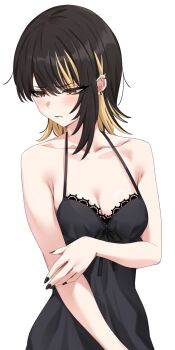 1girl absurdres averting_eyes black_chemise black_dress black_hair black_nails blonde_hair blush breasts chemise cleavage collarbone commentary_request dress ear_piercing fingernails highres idolmaster idolmaster_shiny_colors ikaruga_luca lace-trimmed_chemise landel medium_breasts medium_hair multicolored_hair nail_polish piercing short_hair simple_background sleeveless sleeveless_dress solo streaked_hair two-tone_hair white_background yellow_eyes